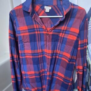 J. Crew size medium, lightweight, Orange/Red and Blue summer plaid button-down